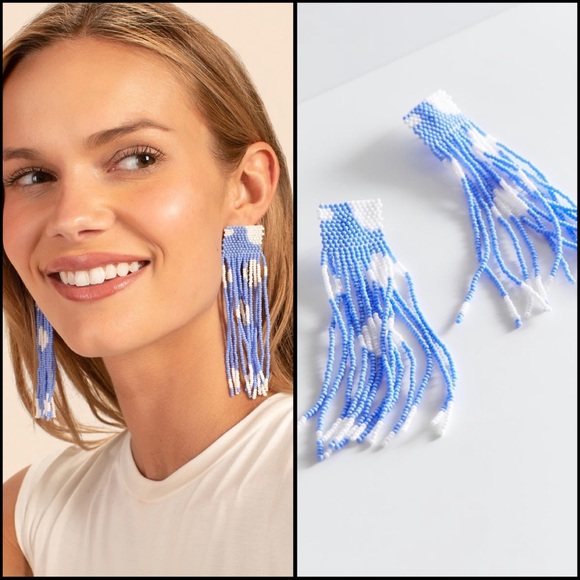 RARE! NWT Casa Clara Harlowe blue white fringe earrings hoop - Picture 3 of 6